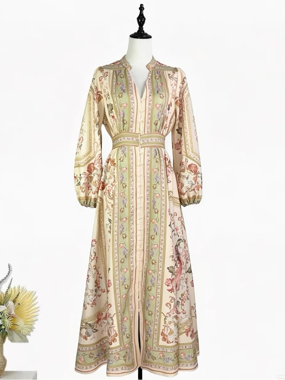 Designer-style Floral Border Print I Long Sleeve Maxi Dress